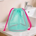 Light green mesh beach bag with bright pink drawstrings for toy storage and bathroom use - Drawstring Bucket Bag Green 19x19x22cm