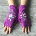 Knitted purple fingerless winter gloves with elegant pink rose floral embroidery detail - One Size / Purple