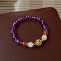 Elegant beaded bracelet with purple amethyst, pink crystals and gold filigree flower bead - 51# Bracelet-Gold-Purple (Filigree Amethyst)