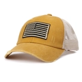 Distressed mustard yellow ponytail baseball hat with US flag patch and white mesh - Adjustable / Yellow
