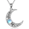 Exquisite crescent moon pendant necklace with moonstone and vintage filigree pattern - White Gold