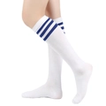 Knee-high white socks with three blue stripes, sporty athletic style for women - One Size / White with Royal Blue Stripes