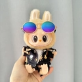 Labubu doll in black floral shirt and colorful round sunglasses outfit - Deep Coconut Tree Beach Set / First And Second Generation Keychains Are Compatible With La Cloth Dolls. Dolls Not Included.