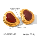 Detail view of gold vintage earrings with red stones and measurements 4.05cm by 3.23cm - Red (HC-E10986-RB)