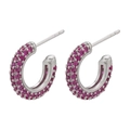 Detailed view of silver C-shaped earrings with micro-paved magenta cubic zirconia stones - 1 Pair / White Gold With Rose Red Zircon