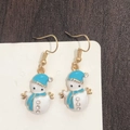 Detail of snowman drop earrings with blue enamel and rhinestones on white card - Blue Hat White Snowman