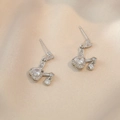 Silver drop earrings with heart and round zircon stones on champagne silk fabric - Heart and Round Diamond Combination Style (E0650) / Silver