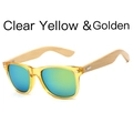 Clear yellow sunglasses with natural bamboo temples and blue-green mirrored lenses - Clear Yellow Frame / Golden Film