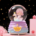 Swan music box crystal ball with a girl on a white swan and blue purple gradient base - 532-Pink Hair