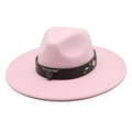 Close-up of pink felt hat featuring floral embroidery and bronze bull head ornament - M (56-58cm) / Pink