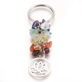 Detail of silver keychain featuring colorful natural crystal stones and lotus pendant - Hollow Flower Style