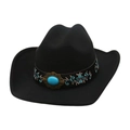 Ethnic embroidery cowboy hat with turquoise stone in black felt fabric for men and women - One Size / Black
