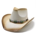 Chapeau de cow-boy en paille blanche avec perles turquoise et bord dégradé marron - M(56-58cm) / Dégradé Crème Café