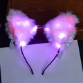 White plush glowing cat ear headband with gold bell and purple LED light effects - Bell Headband / White + Pink Light