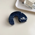 Dark blue denim texture acetate hair claw clip with silver H letter and rhinestone - Navy Blue Arc Claw