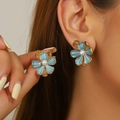 Elegant gold tulip stud earrings with light blue enamel petals and white pearls - ER1297-Blue Enamel Flower Pearl