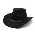 Chapeau de cowboy western classique en laine noire avec ruban ethnique et boucle métal - Noir