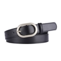 Classic black leather belt for women featuring a polished silver oval metal buckle - Black+Silver Buckle