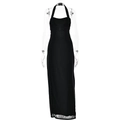 Elegant black halter neck maxi dress with sheer mesh panels and open back design - M / Black