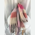 Plaid winter scarf with pink, beige, and purple tassels on a white table display - Pink Beige Gray Plaid (13)