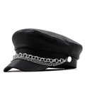 Black faux leather newsboy cap with silver chain decoration on white background - M (56-58cm) / Black