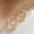 Elegant gold-plated flower hoop earrings with white zircons and pearls variant - Pearl Flower Cluster Style