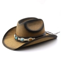 Cappello da cowboy marrone intrecciato con cintura in pelle e pietre preziose azzurre - M (56-58cm) / Sfumatura Cachi e Caffè