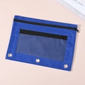 Blue binder pencil pouch with double zippers, mesh window, and three-ring binder holes - Mesh Dark Blue (Double Zipper)