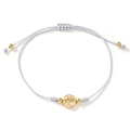 Silver woven cord bracelet featuring a gold St. Benedict religious medal and golden beads - Gray