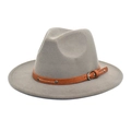 Classic grey wide brim wool fedora hat with brown leather band and metallic buckle - M (56-58cm) / Light Gray