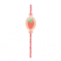 Detailed view of pink straw with strawberry pattern and matching oval strawberry ornament - Strawberry Pattern Straws Style B