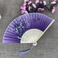 Traditional bamboo folding fan with purple butterfly fabric and matching tassel detail - No.51 Purple Gradient Floral Butterfly