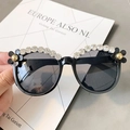 Fashionable black round sunglasses with sparkling rhinestones and floral temple detail - No. 57/Black Frame (Rhinestone Black Flower)