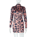 Detail of leopard print mini dress featuring a mock neck and slim fit long sleeves - S / Leopard Print