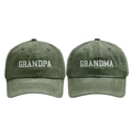 Detailed embroidery of Grandpa and Grandma on olive green washed cotton baseball caps - Adult(56-60cm) / Dark Green Grandpa + Dark Green Grandma