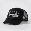Adjustable black trucker hat with white five-star embroidery and mountain graphic design - Black