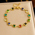 Vintage gold plated stainless steel bracelet with multi-color square gemstones - Bracelet (B2000) / Gold