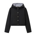 Women's black hooded jacket with stylish plaid lining and metal snap button closure - S / Black