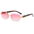 Pink gradient rimless sunglasses with gold metal bridge and dark wood grain temples - Gold Frame Pink Lenses