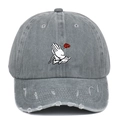 Close-up of vintage washed gray baseball cap featuring praying hands and rose embroidery - Distressed Grey