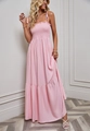 Close-up of the pleated elastic tube top and thin straps on this pink summer maxi dress - Pink