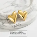 Polished gold stainless steel heart stud earrings with mirror finish, 2.9cm size - Puffy Heart Mirror Style (FYD6135)