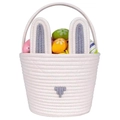 White woven cotton rope Easter bunny basket with grey rabbit ears and colorful eggs - With Handle / Grey/White