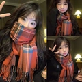 Red and blue plaid tassel scarf shown in multiple lifestyle poses for winter warmth - New Green & Red