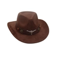 Sombrero de vaquero occidental marrón oscuro con accesorio de cabeza de toro metálico - Marrón Café (Cabeza de Toro Marrón)