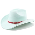 Detail eines mintgrünen Wollfilz-Cowboyhutes mit rotem Lederband und goldener Schnalle - M (56-58cm) / Mintgrün