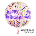 Detail van 22 inch transparante Happy Birthday ballon met kleurrijke stippen - Paarse bedrukte verjaardagsstijl