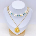 Double-layered gold ocean necklace with shell, turquoise beads, and nautilus pendant - Conch Style