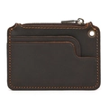 Dark brown crazy horse leather coin purse with zipper and two front card slots - Dark Brown Oil Leather