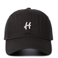 Close-up of white 3D embroidered letter H on black cotton twill baseball cap fabric - Dark Gray
